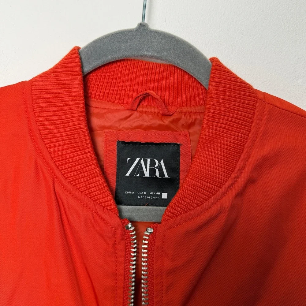 Zara Mens Red Ruched Sleeve Bomber Jacket‎ Full Zip Utility Flight Coat Size M